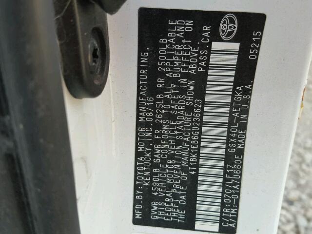 4T1BK1EB6GU236623 - 2016 TOYOTA AVALON XLE WHITE photo 10