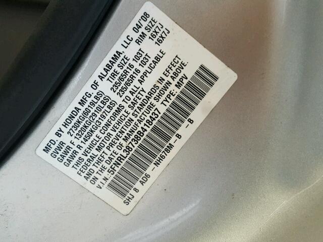 5FNRL38738B418437 - 2008 HONDA ODYSSEY GRAY photo 10