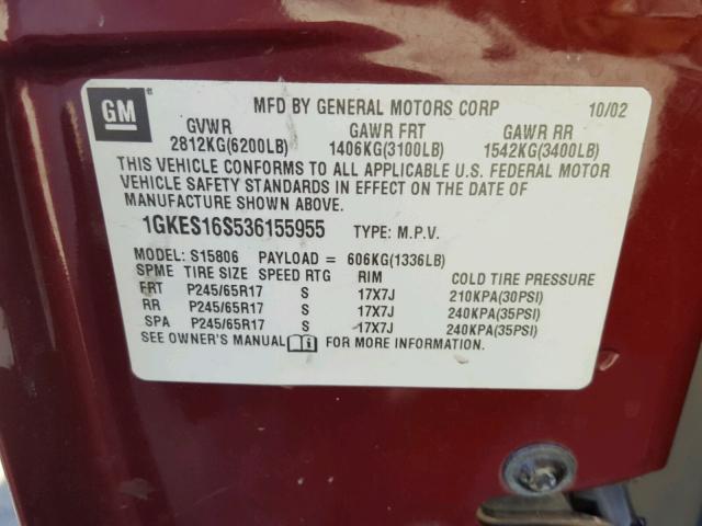 1GKES16S536155955 - 2003 GMC ENVOY XL BURGUNDY photo 10