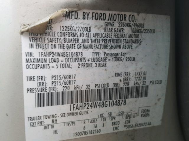 1FAHP24W48G104878 - 2008 FORD TAURUS SEL CREAM photo 10