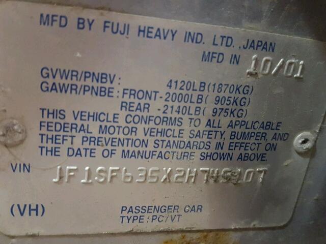 JF1SF635X2H745107 - 2002 SUBARU FORESTER L SILVER photo 10