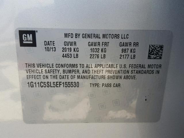 1G11C5SL5EF155530 - 2014 CHEVROLET MALIBU 1LT 银色 照片 10