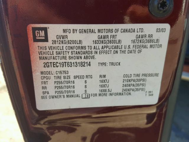 2GTEC19T631318214 - 2003 GMC NEW SIERRA BURGUNDY photo 10