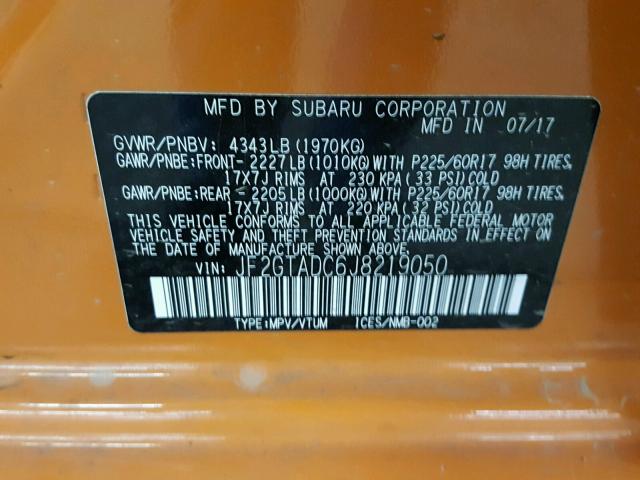 JF2GTADC6J8219050 - 2018 SUBARU CROSSTREK ORANGE photo 10