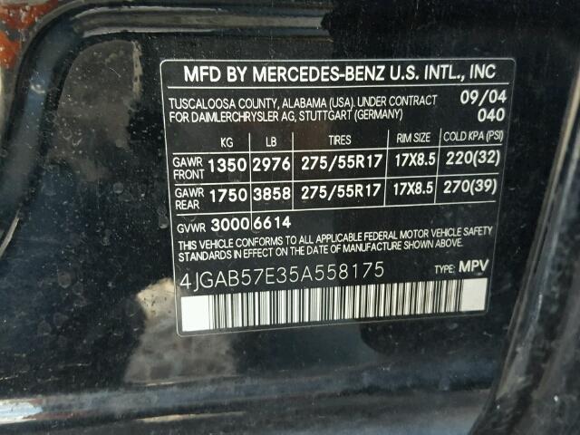 4JGAB57E35A558175 - 2005 MERCEDES-BENZ ML 350 BLACK photo 10