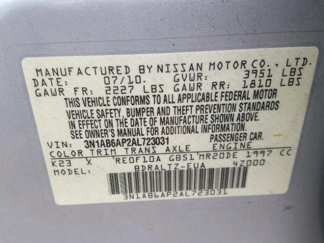 3N1AB6AP2AL723031 - 2010 NISSAN SENTRA 2.0 SILVER photo 10