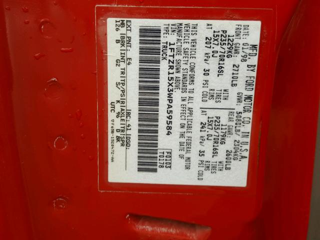 1FTZR15X3WPA59584 - 1998 FORD RANGER RED photo 10