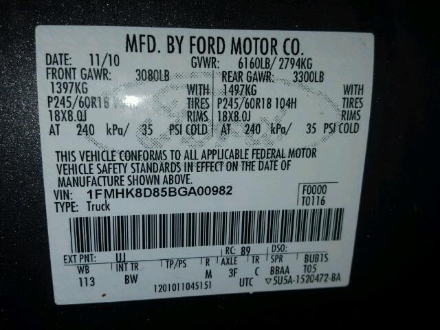 1FMHK8D85BGA00982 - 2011 FORD EXPLORER X CHARCOAL photo 10