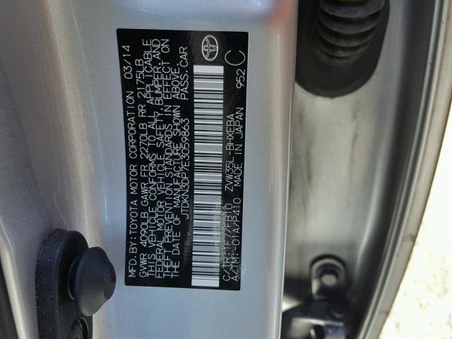 JTDKN3DP7E3059863 - 2014 TOYOTA PRIUS PLUG SILVER photo 10