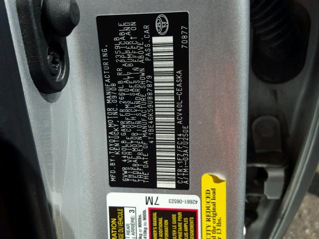 4T1BE46K59U887879 - 2009 TOYOTA CAMRY SILVER photo 10