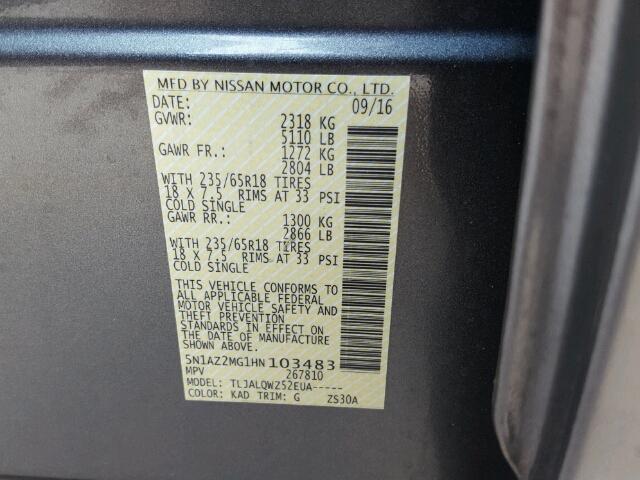 5N1AZ2MG1HN103483 - 2017 NISSAN MURANO S CHARCOAL photo 10