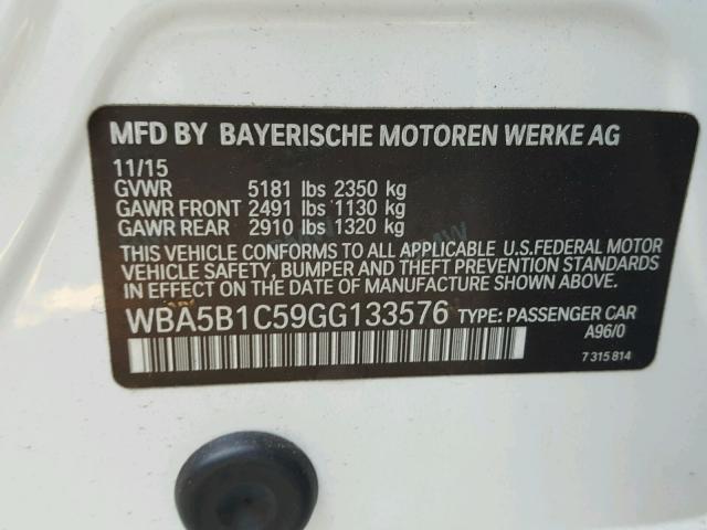 WBA5B1C59GG133576 - 2016 BMW 535 WHITE photo 10