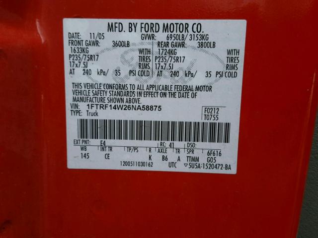 1FTRF14W26NA58875 - 2006 FORD F150 RED photo 10