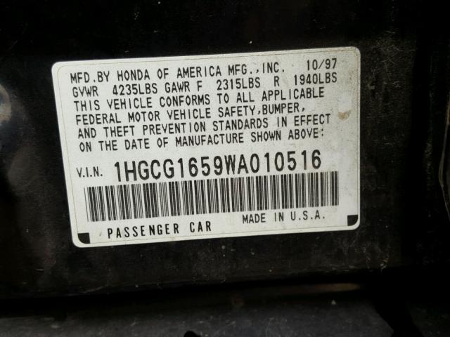 1HGCG1659WA010516 - 1998 HONDA ACCORD BLACK photo 10