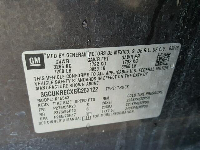 3GCUKRECXGG252122 - 2016 CHEVROLET SILVERADO CHARCOAL photo 10