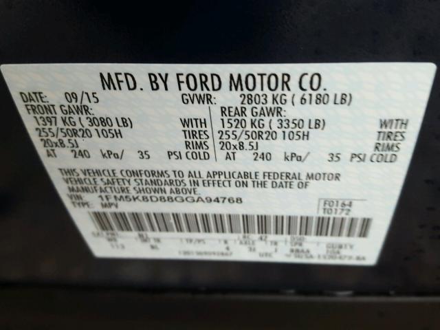 1FM5K8D88GGA94768 - 2016 FORD EXPLORER X BLUE photo 10