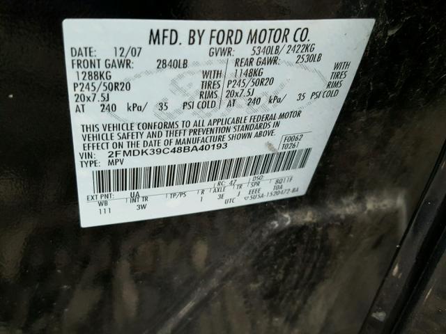 2FMDK39C48BA40193 - 2008 FORD EDGE LIMIT BLACK photo 10