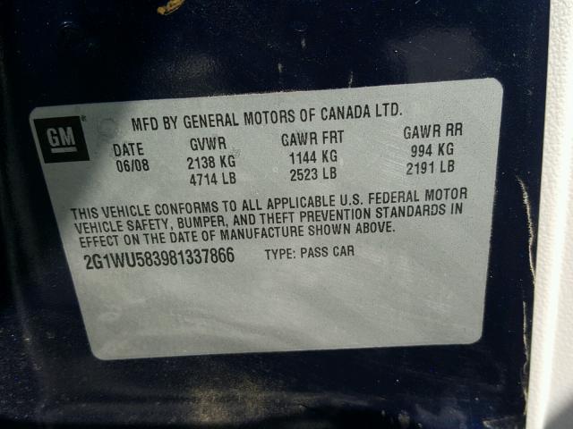 2G1WU583981337866 - 2008 CHEVROLET IMPALA BLUE photo 10