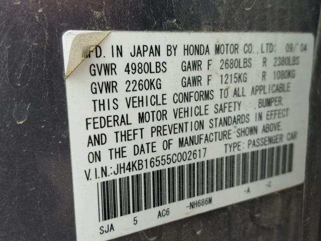 JH4KB16555C002617 - 2005 ACURA RL ნაცრისფერი ფოტო 10