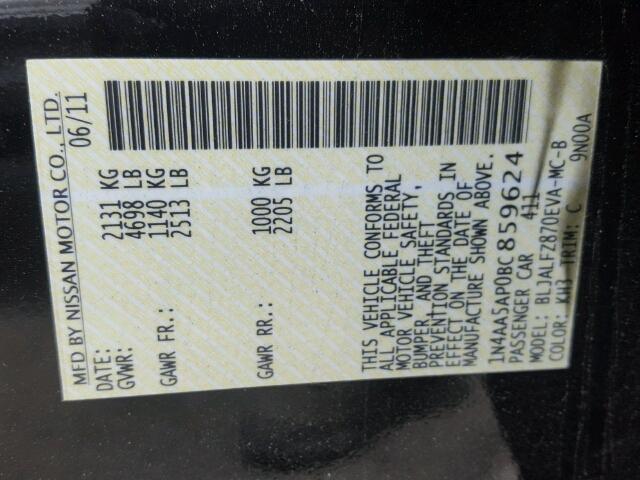 1N4AA5AP0BC859624 - 2011 NISSAN MAXIMA S Czarny zdjęcie 10