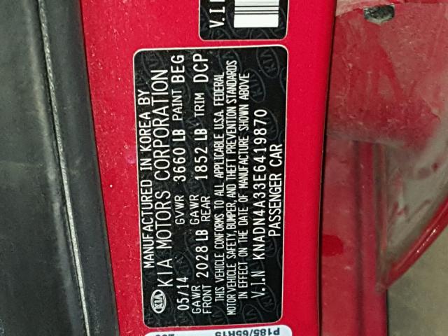 KNADN4A33E6419870 - 2014 KIA RIO EX RED photo 10