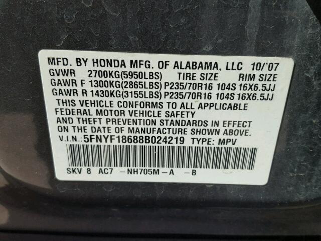 5FNYF18688B024219 - 2008 HONDA PILOT EXL GRAY photo 10