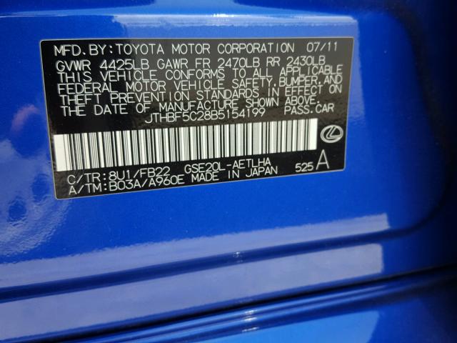 JTHBF5C28B5154199 - 2011 LEXUS IS 250 BLUE photo 10