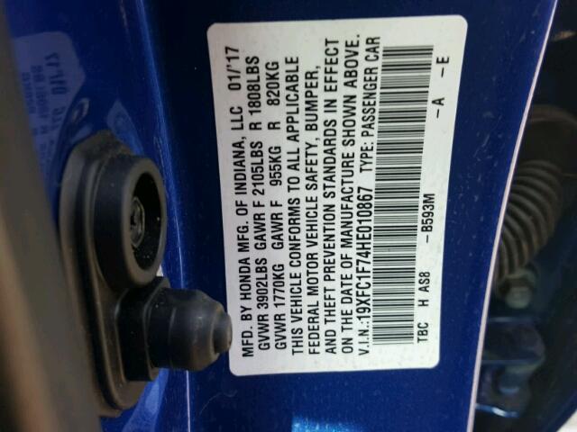 19XFC1F74HE010867 - 2017 HONDA CIVIC EXL 蓝色 照片 10