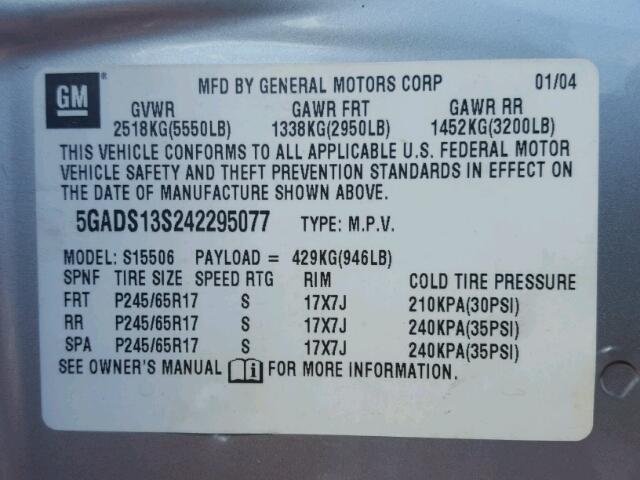 5GADS13S242295077 - 2004 BUICK RAINIER SILVER photo 10