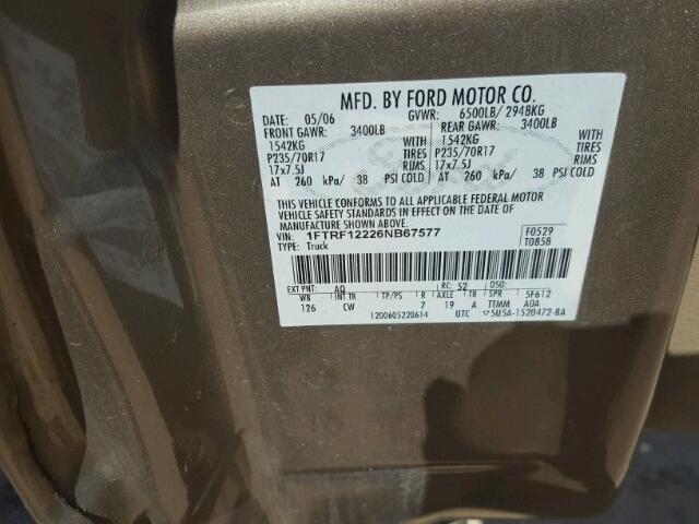 1FTRF12226NB67577 - 2006 FORD F150 TAN photo 10