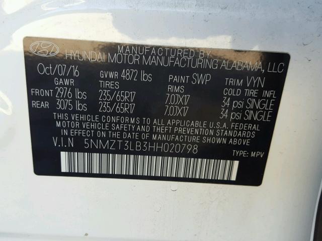 5NMZT3LB3HH020798 - 2017 HYUNDAI SANTA FE S 白色 照片 10