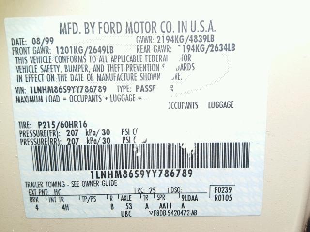 1LNHM86S9YY786789 - 2000 LINCOLN LS 金色 照片 10