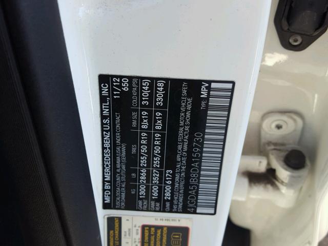 4JGDA5JB8DA159730 - 2013 MERCEDES-BENZ ML 350 WHITE photo 10