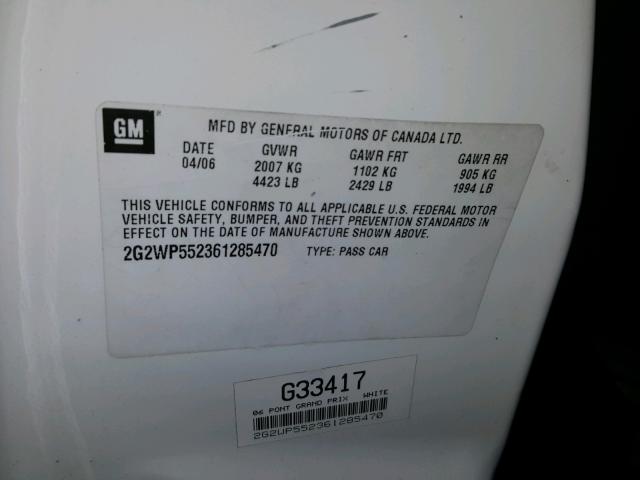 2G2WP552361285470 - 2006 PONTIAC GRAND PRIX WHITE photo 10