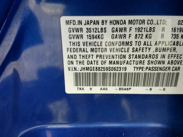 JHMGE88259S062319 - 2009 HONDA FIT BLUE photo 10