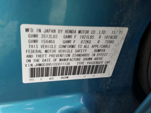 JHMGE8H51CC011136 - 2012 HONDA FIT SPORT BLUE photo 10