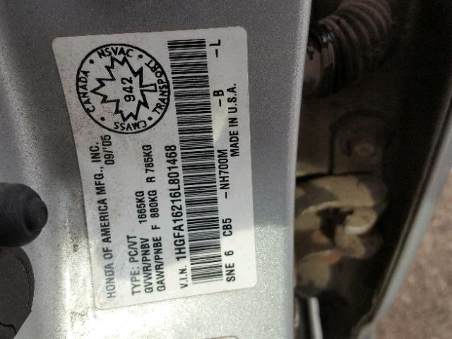 1HGFA16216L801468 - 2006 HONDA CIVIC DX SILVER photo 10