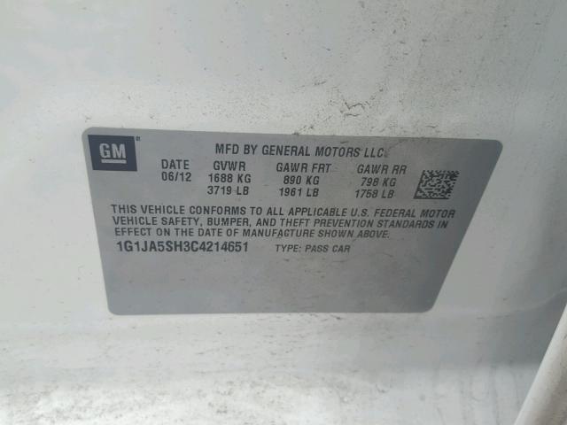 1G1JA5SH3C4214651 - 2012 CHEVROLET SONIC LS WHITE photo 10