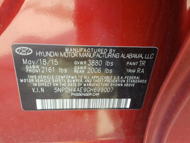 5NPDH4AE9GH699007 - 2016 HYUNDAI ELANTRA SE RED photo 10