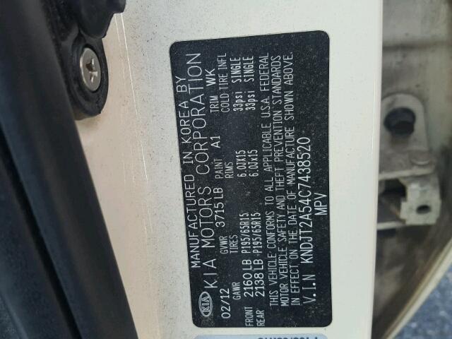 KNDJT2A54C7438520 - 2012 KIA SOUL CREAM photo 10