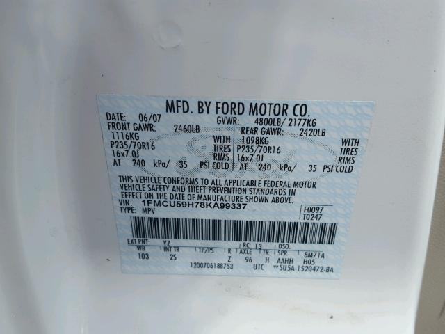 1FMCU59H78KA99337 - 2008 FORD ESCAPE HEV WHITE photo 10