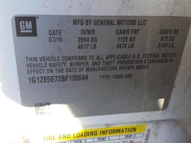 1G1ZE5E72BF138644 - 2011 CHEVROLET MALIBU LTZ 白色 照片 10