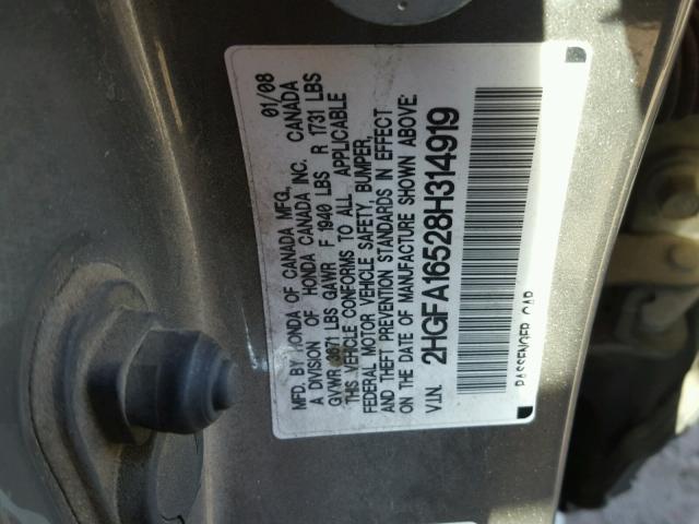 2HGFA16528H314919 - 2008 HONDA CIVIC LX GRAY photo 10