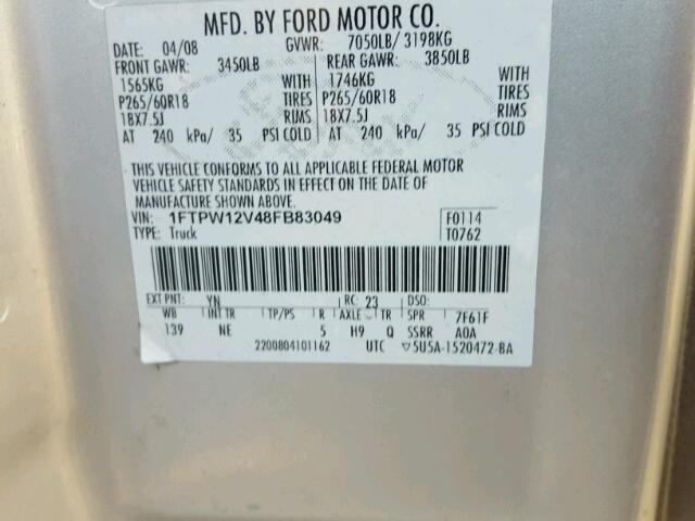 1FTPW12V48FB83049 - 2008 FORD F150 SUPER SILVER photo 10