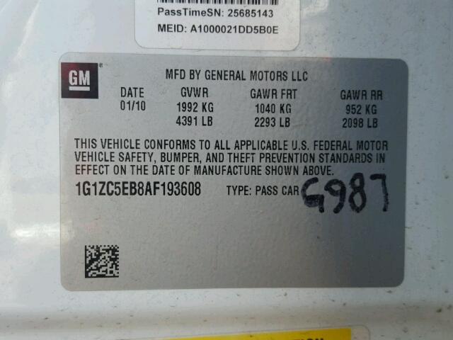 1G1ZC5EB8AF193608 - 2010 CHEVROLET MALIBU 1LT 白色 照片 10