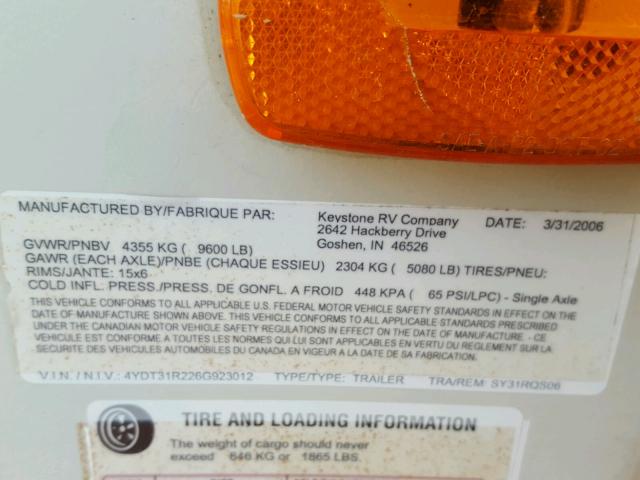 4YDT31R226G923012 - 2006 KEYSTONE OUTBACK WHITE photo 10