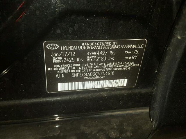 5NPEC4AB0CH454616 - 2012 HYUNDAI SONATA SE BLACK photo 10