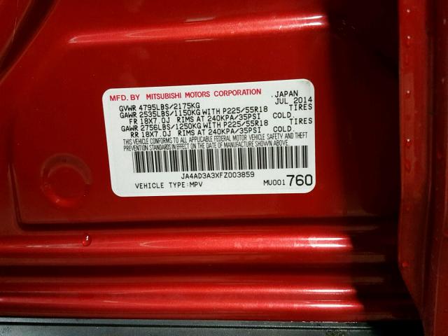 JA4AD3A3XFZ003859 - 2015 MITSUBISHI OUTLANDER RED photo 10