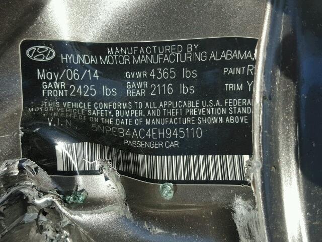 5NPEB4AC4EH945110 - 2014 HYUNDAI SONATA GLS GRAY photo 10