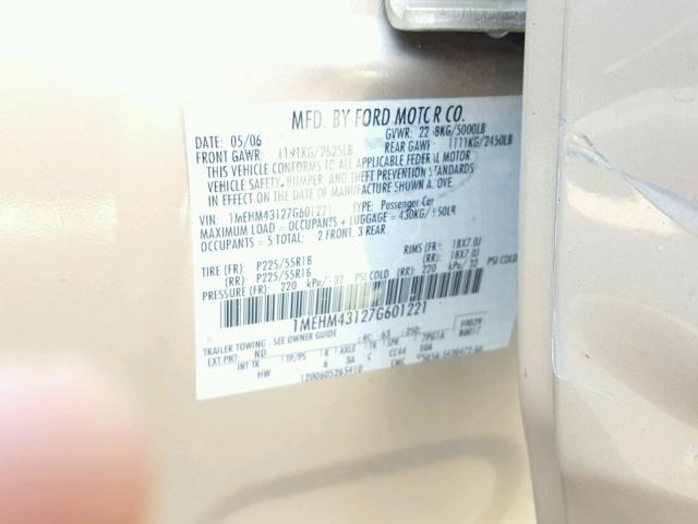 1MEHM43127G601221 - 2007 MERCURY MONTEGO PR 金色 照片 10